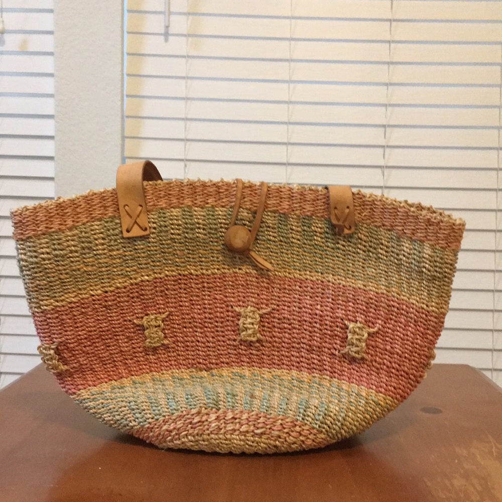 Hand woven Multicolored Rattan and Leather Tote bag